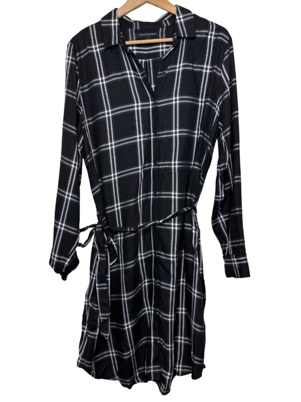 Banana Republic Black White Plaid Long Sleeve Belted Shirt Dress Size 14